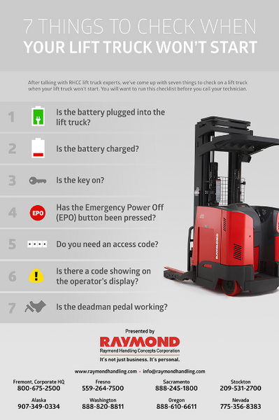 Poster: 7 Things to check when your lift truck won't start | Raymond Handling Concepts